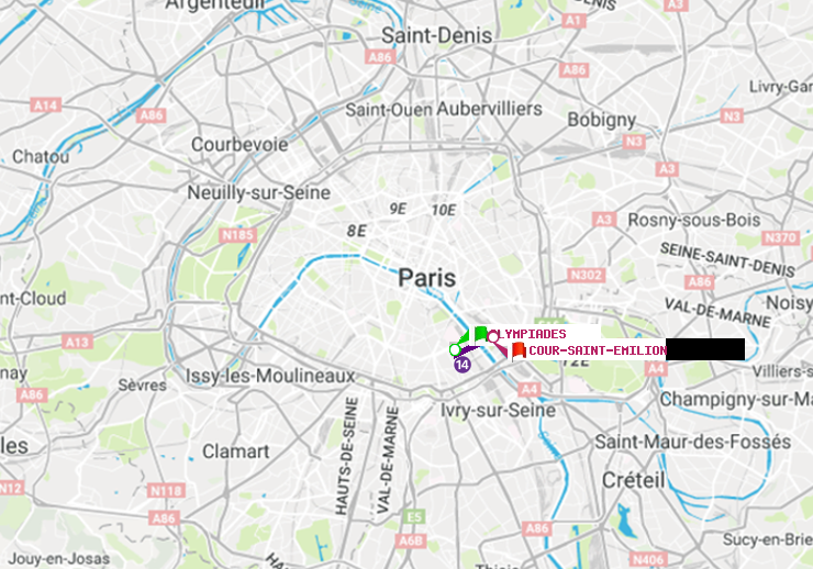 plan itinéraire ratp de Olympiades à Cour Saint-Emilion