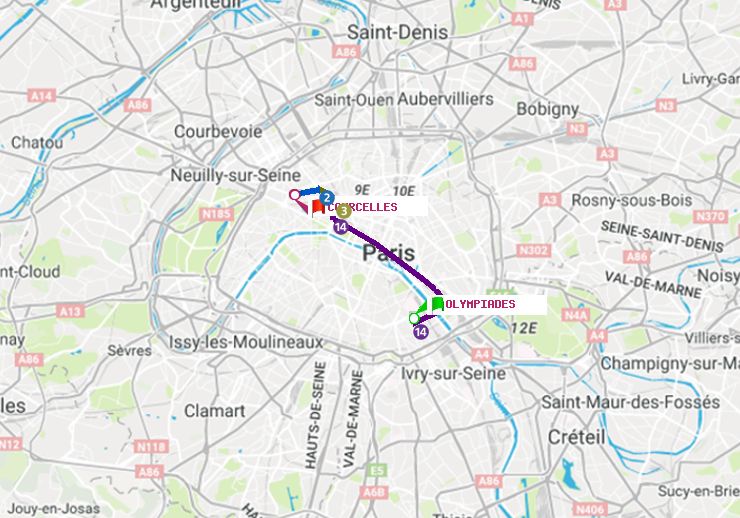 plan itinéraire ratp de Olympiades à Courcelles