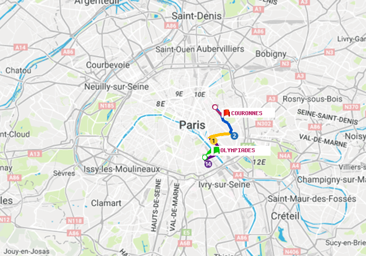 plan itinéraire ratp de Olympiades à Couronnes