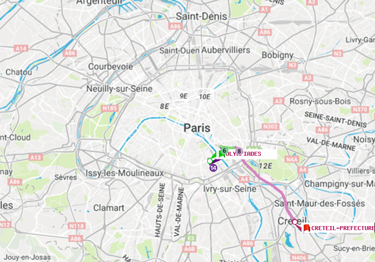 plan itinéraire ratp de Olympiades à Créteil-Préfecture (Hôtel de Ville)