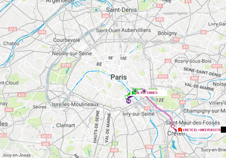 plan itinéraire ratp de Olympiades à Créteil-Université