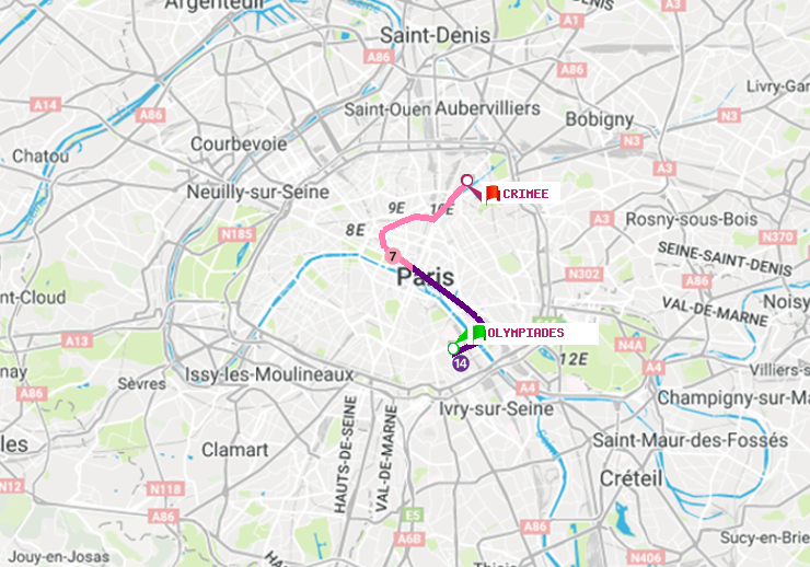 plan itinéraire ratp de Olympiades à Crimée
