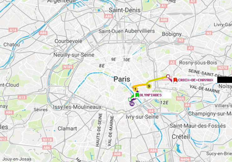 plan itinéraire ratp de Olympiades à Croix-de-Chavaux (Jacques Duclos)