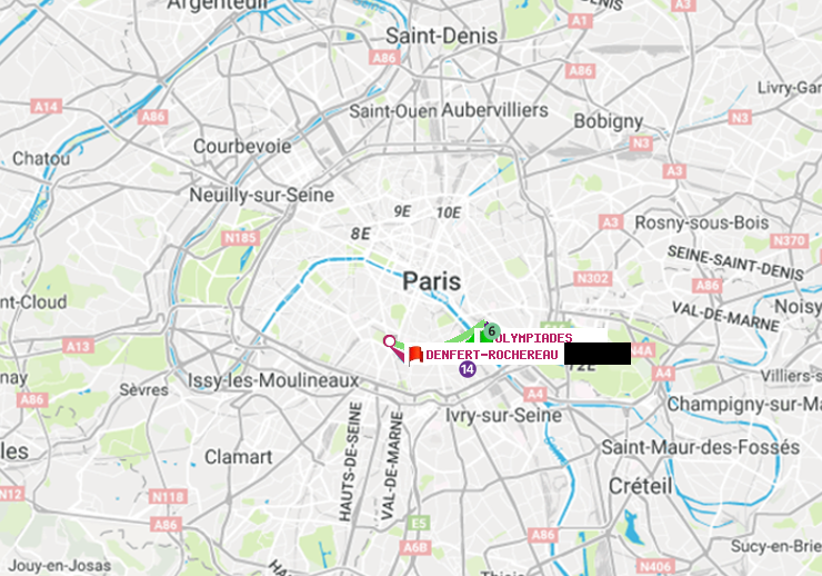 plan itinéraire ratp de Olympiades à Denfert-Rochereau