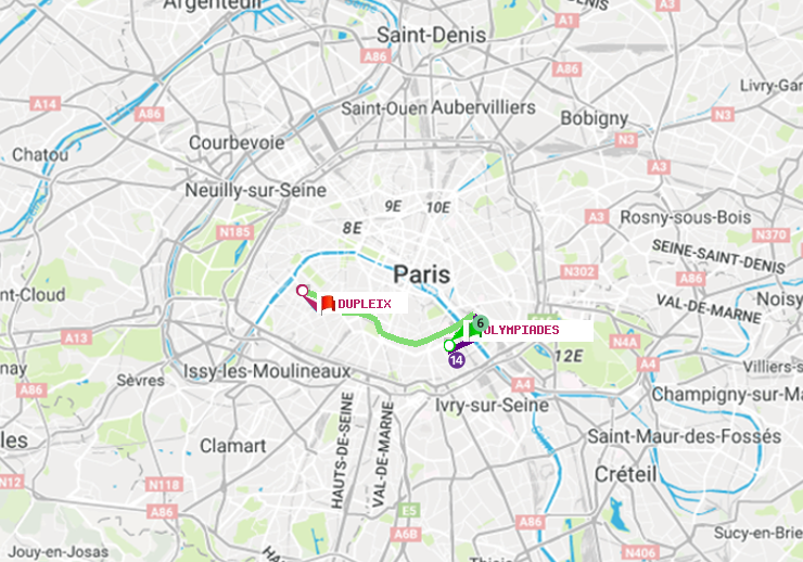 plan itinéraire ratp de Olympiades à Dupleix