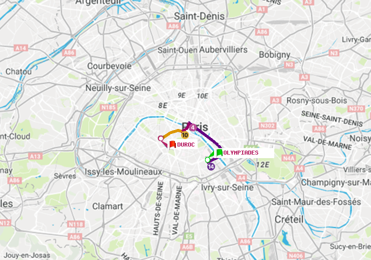 plan itinéraire ratp de Olympiades à Duroc
