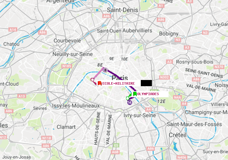 plan itinéraire ratp de Olympiades à Ecole Militaire