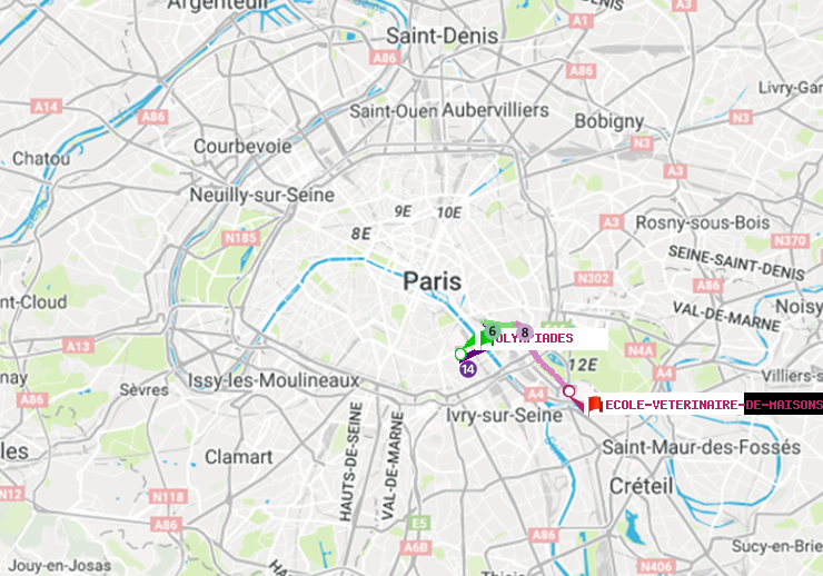 plan itinéraire ratp de Olympiades à Ecole Vétérinaire de Maisons-Alfort