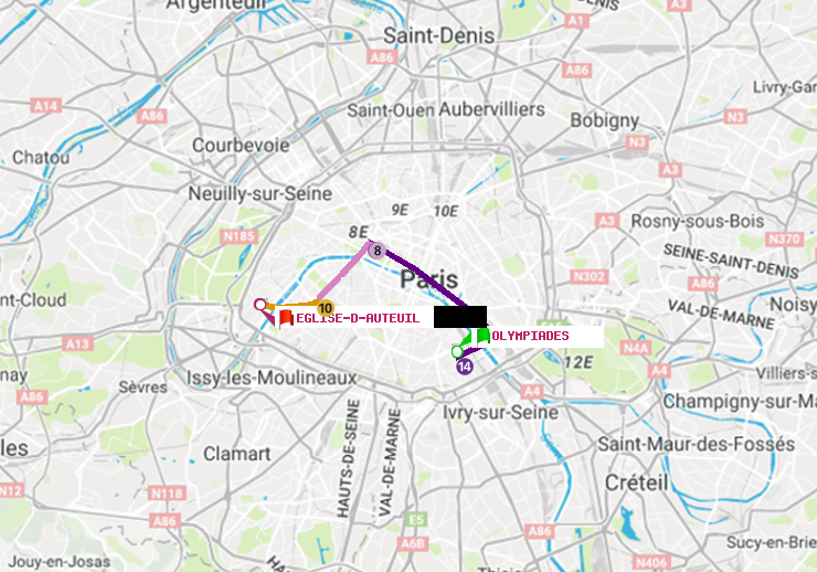 plan itinéraire ratp de Olympiades à Eglise d