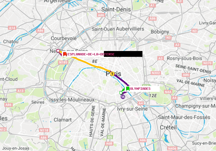 plan itinéraire ratp de Olympiades à Esplanade de la Défense