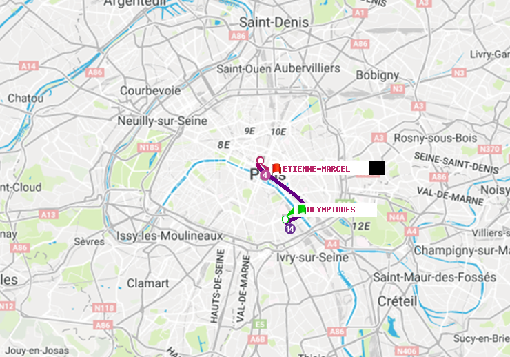 plan itinéraire ratp de Olympiades à Etienne Marcel