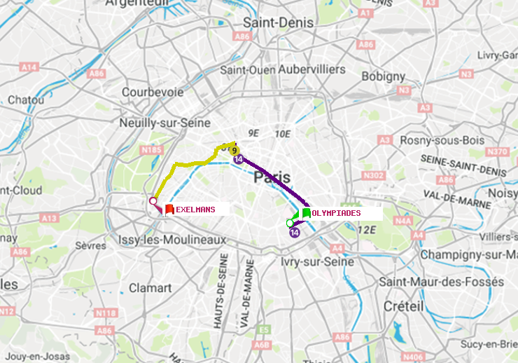 plan itinéraire ratp de Olympiades à Exelmans