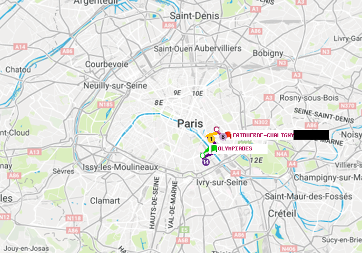plan itinéraire ratp de Olympiades à Faidherbe-Chaligny