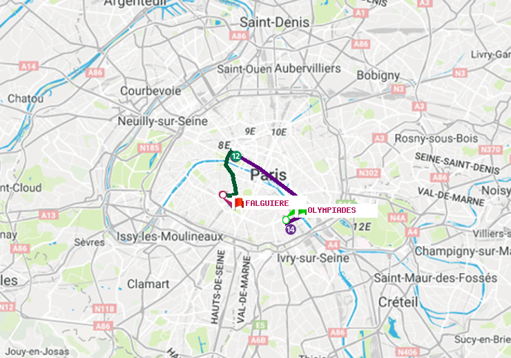 plan itinéraire ratp de Olympiades à Falguière