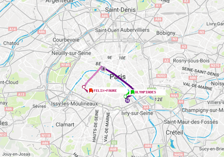 plan itinéraire ratp de Olympiades à Félix Faure