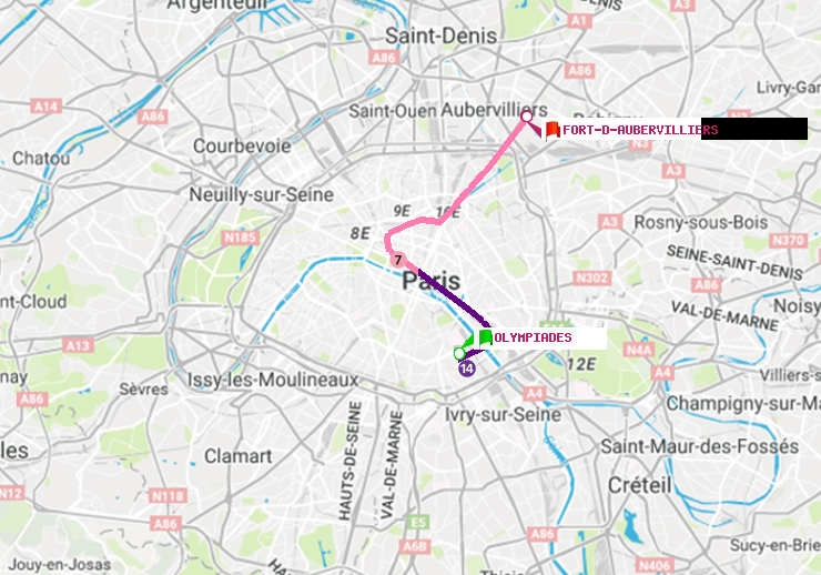 plan itinéraire ratp de Olympiades à Fort d