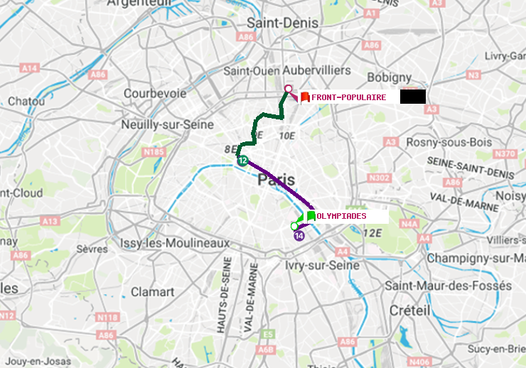 plan itinéraire ratp de Olympiades à Front Populaire