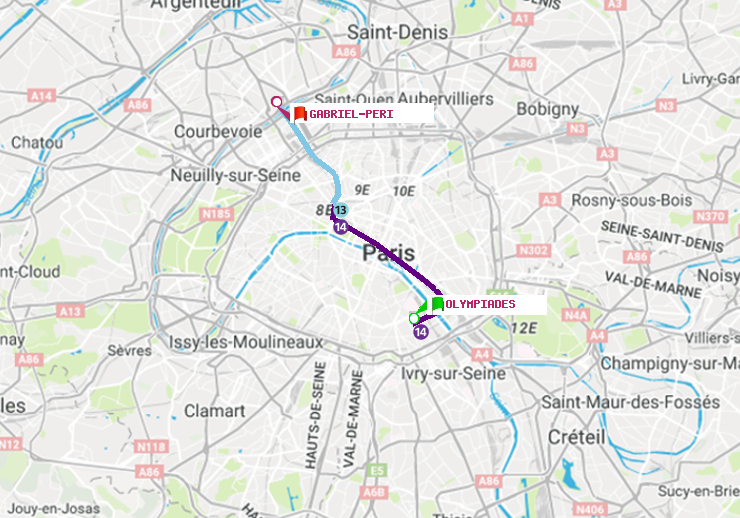 plan itinéraire ratp de Olympiades à Gabriel-Péri