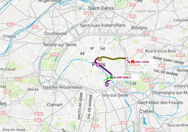 plan itinéraire ratp de Olympiades à Gallieni (Parc de Bagnolet)