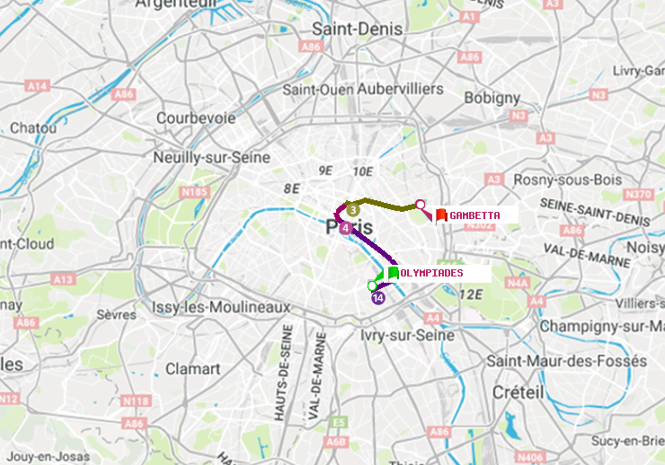 plan itinéraire ratp de Olympiades à Gambetta