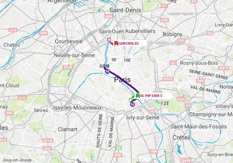 plan itinéraire ratp de Olympiades à Garibaldi