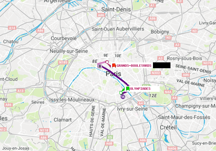plan itinéraire ratp de Olympiades à Grands Boulevards
