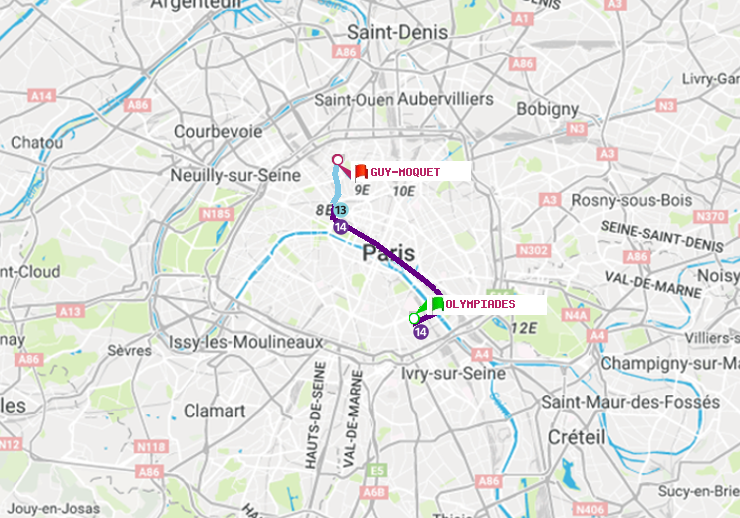 plan itinéraire ratp de Olympiades à Guy-Môquet