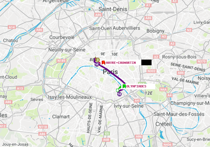plan itinéraire ratp de Olympiades à Havre-Caumartin