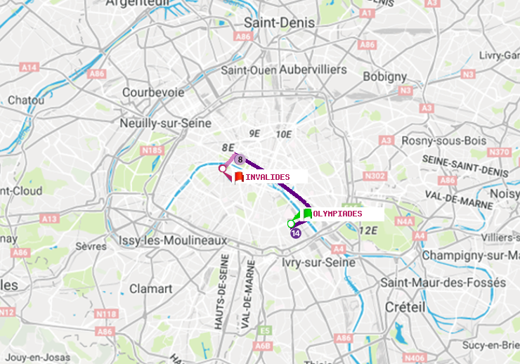 plan itinéraire ratp de Olympiades à Invalides