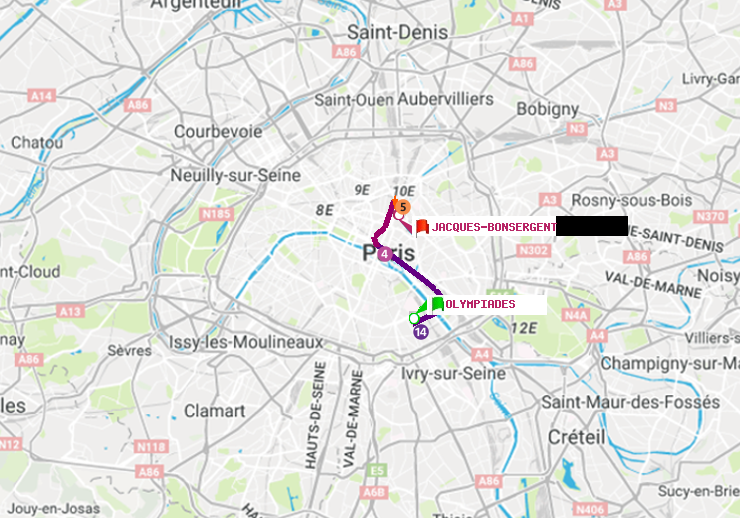 plan itinéraire ratp de Olympiades à Jacques-Bonsergent