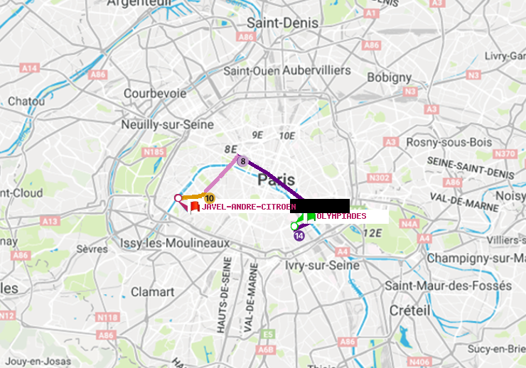 plan itinéraire ratp de Olympiades à Javel-André-Citroen