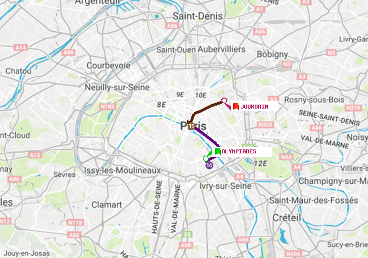 plan itinéraire ratp de Olympiades à Jourdain