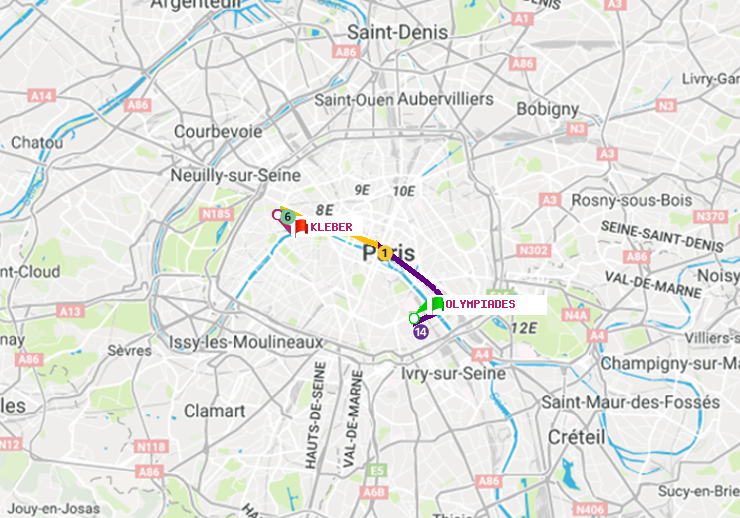 plan itinéraire ratp de Olympiades à Kléber