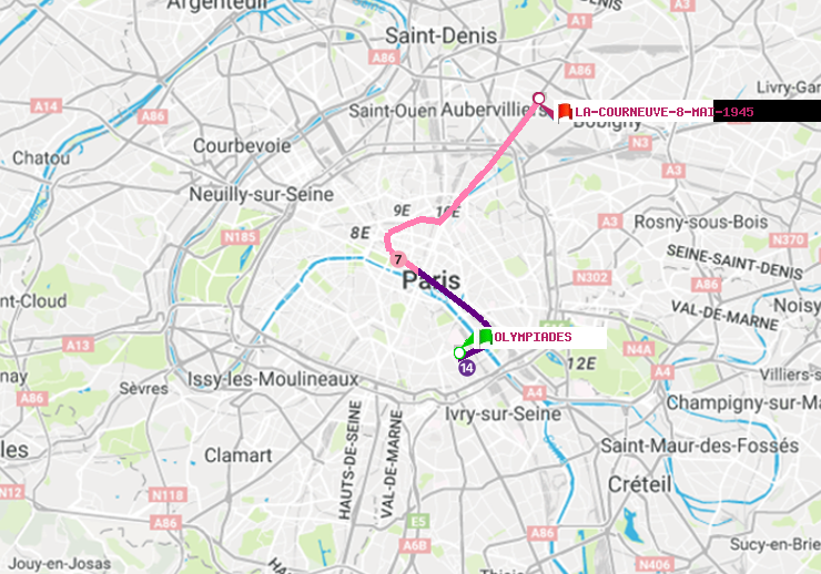 plan itinéraire ratp de Olympiades à La Courneuve-8-Mai-1945