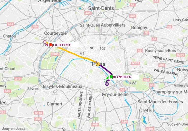 plan itinéraire ratp de Olympiades à La Défense (Grande Arche)
