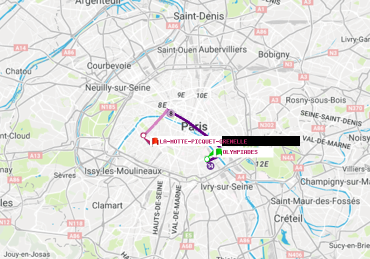 plan itinéraire ratp de Olympiades à La Motte-Picquet-Grenelle