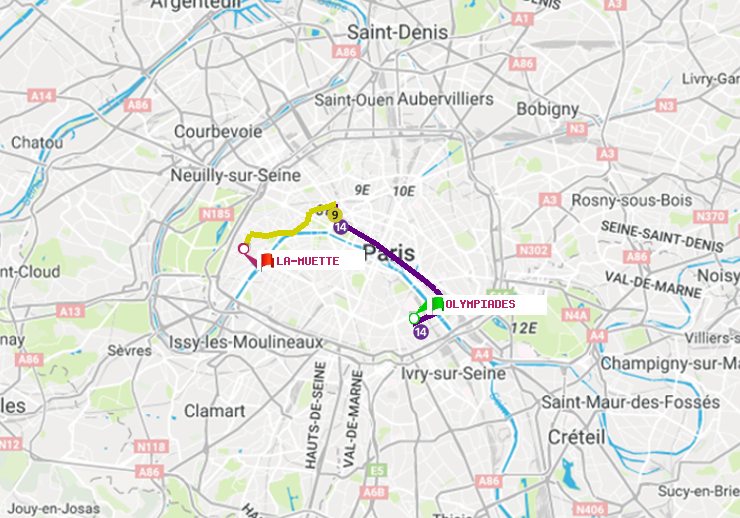 plan itinéraire ratp de Olympiades à La Muette