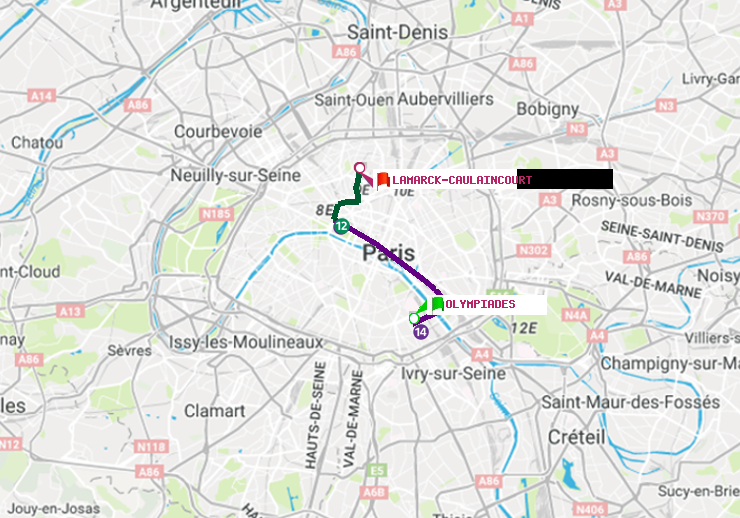 plan itinéraire ratp de Olympiades à Lamarck-Caulaincourt