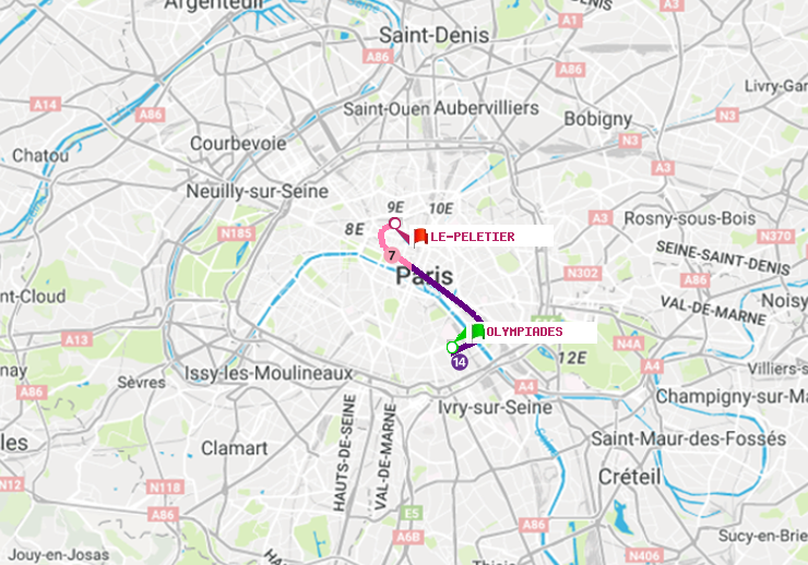 plan itinéraire ratp de Olympiades à Le Peletier