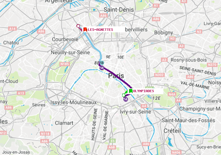 plan itinéraire ratp de Olympiades à Les Agnettes