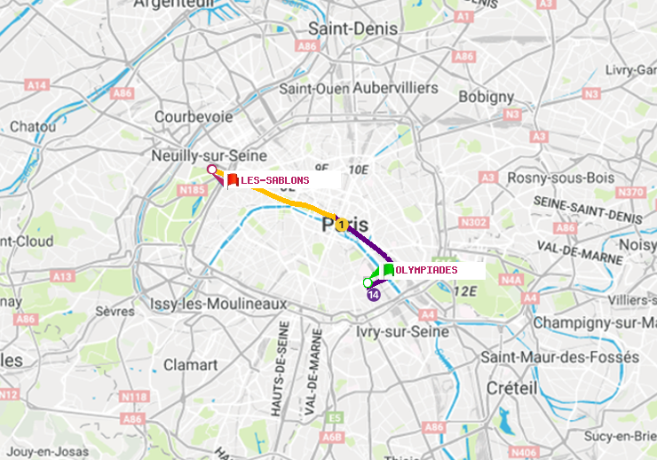 plan itinéraire ratp de Olympiades à Les Sablons (Jardin d