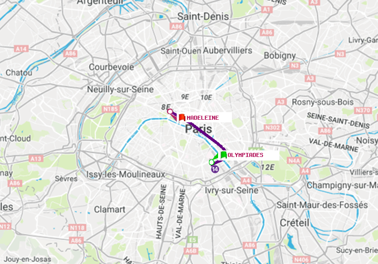 plan itinéraire ratp de Olympiades à Madeleine