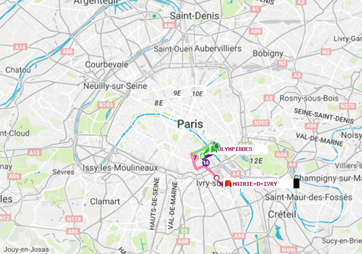 plan itinéraire ratp de Olympiades à Mairie d