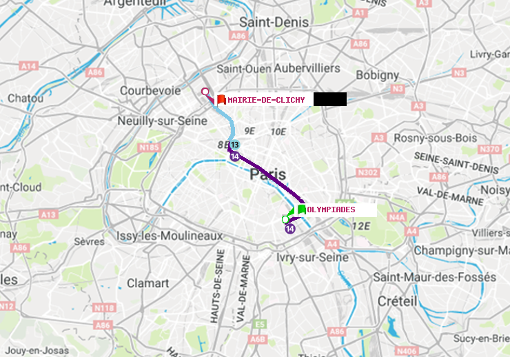 plan itinéraire ratp de Olympiades à Mairie de Clichy