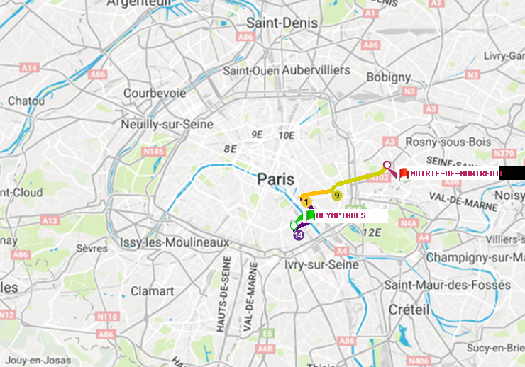 plan itinéraire ratp de Olympiades à Mairie de Montreuil