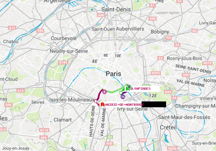 plan itinéraire ratp de Olympiades à Mairie de Montrouge