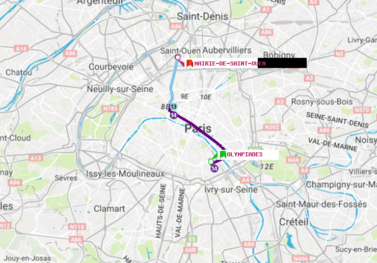 plan itinéraire ratp de Olympiades à Mairie de Saint-Ouen