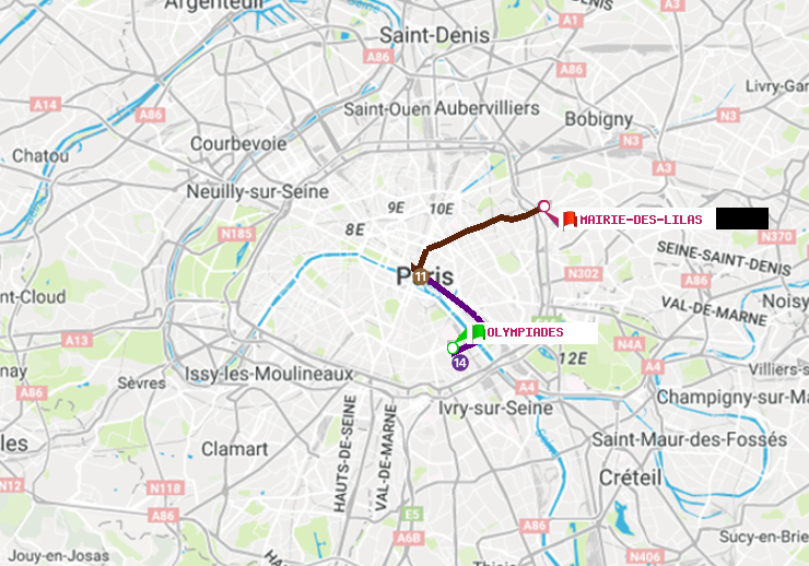plan itinéraire ratp de Olympiades à Mairie des Lilas