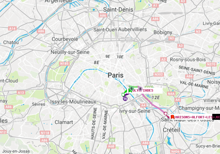 plan itinéraire ratp de Olympiades à Maisons-Alfort-Les Juilliottes