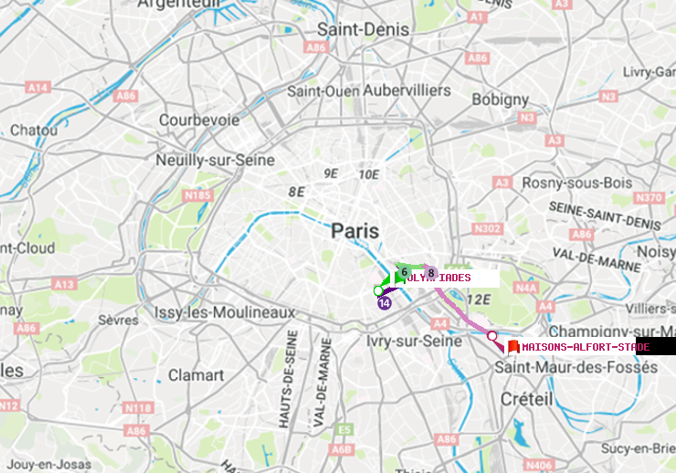 plan itinéraire ratp de Olympiades à Maisons-Alfort-Stade